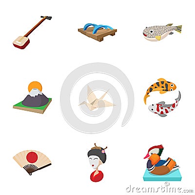 Japan icons set, cartoon style Vector Illustration