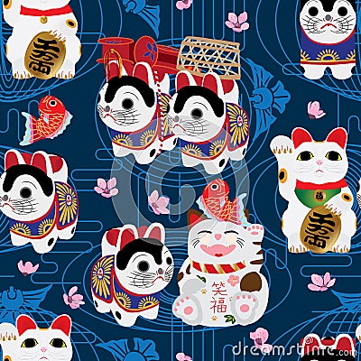 Japan Inu Hariko Maneki Koi Sakura Mon modern seamless pattern Vector Illustration