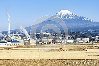 Fuji Mountain and Factory at Fujinomiya, Shizuoka, Japan Editorial Stock Photo