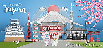 Japan landmark travel banner with Himeji castle, Asakuza Sensoji, Sensoji Temple, Itsukushima Shrine, Tokyo Tower Vector Illustration