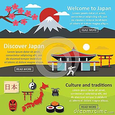 Japan landscape banner horizontal set, flat style Vector Illustration