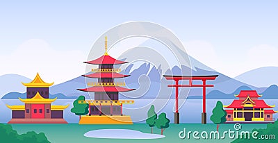 Japan landscape with mountain Fuji, landmarks, temples and old building. Japanese tourism travel scenery with pagoda and gates Vector Illustration