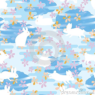 Japan line flower rabbit watercolor stripe cloud seamless pattern Vector Illustration