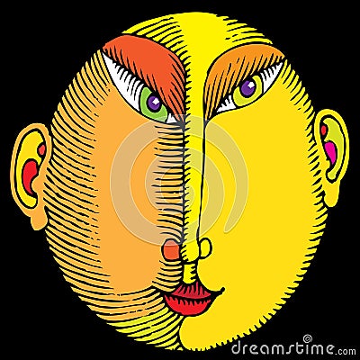 Japan male head color woodcut Vector Illustration