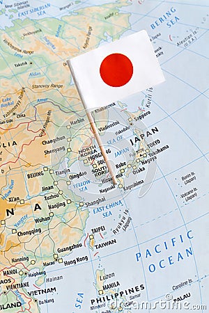 Japan map and flag pin Stock Photo