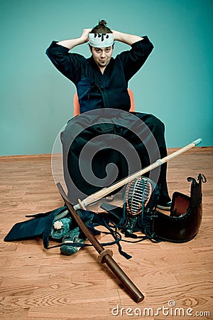 Japan martial art master with sword concept Stock Photo