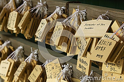 Japan Nara Kasuga Shrine Small wooden plaques with prayers and wishes (Ema) Editorial Stock Photo