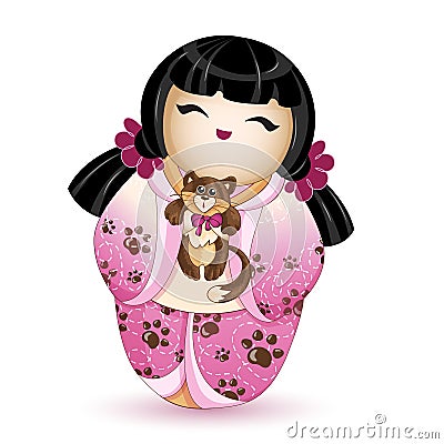 Japan National kokeshi doll in in a pink kimono with a pattern of brown cat paws. In her hands she holds a small kitten. Vector il Vector Illustration