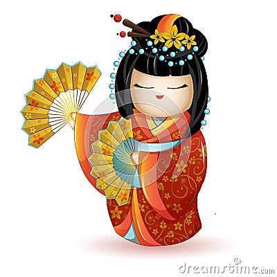 Japan National kokeshi doll in red kimono with fans. Vector illustration on white background. A character in a cartoon style. Isol Vector Illustration