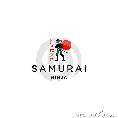 Japan ninja standing with sword logo design illustration vector with red japanese sun icon Vector Illustration