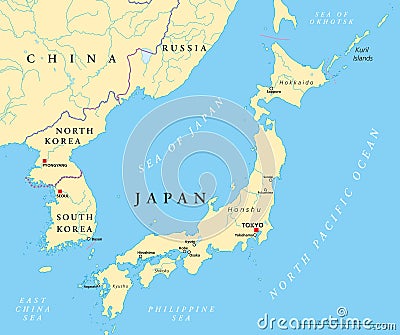 Japan, North Korea And South Korea Political Map Vector Illustration