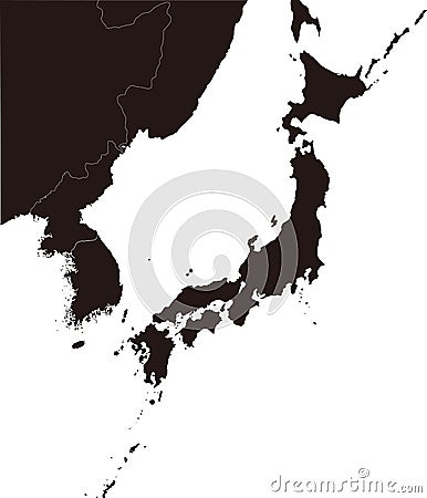 Japan, North korea, South korea and surrounding countries map color black Vector Illustration