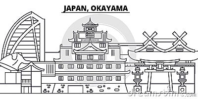 Japan, Okayama line skyline vector illustration. Japan, Okayama linear cityscape with famous landmarks, city sights Vector Illustration