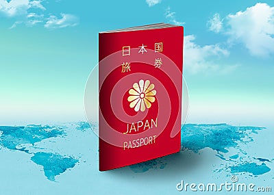 Japan Passport on world map with clouds in background Stock Photo