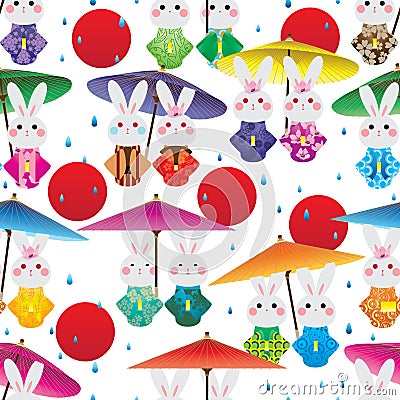 Japan rabbit Kimono umbrella rain drop red sun seamless pattern Vector Illustration