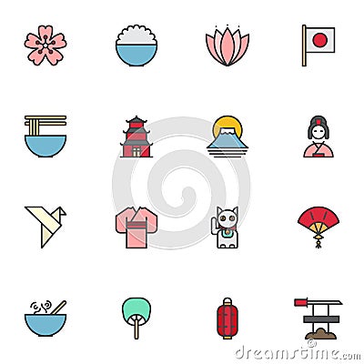 Japan related filled outline icons set Vector Illustration