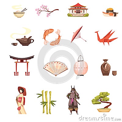 Japan Retro Cartoon Icons Set Vector Illustration