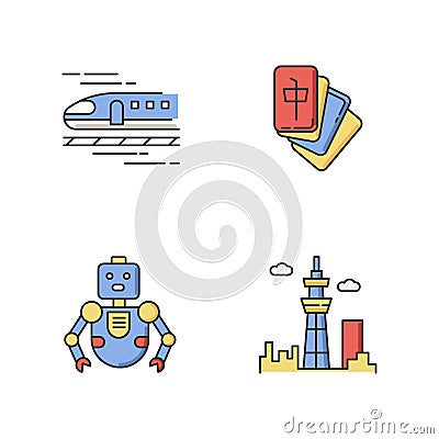 Japan RGB color icons set. Asian bullet train, shinkansen. Mahjong game. Robot part. Urban cityscape. Traditional Vector Illustration