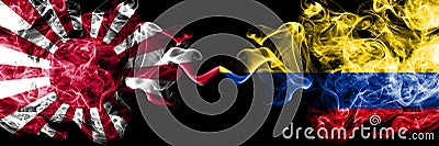 Japan rising sun naval vs Colombia, Colombian smoky mystic flags placed side by side. Thick colored silky travel abstract smokes Stock Photo