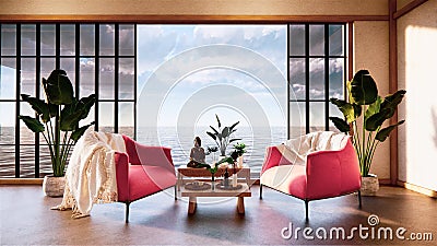 Japan room interior - Japanese style. 3D rendering in view sea.3D rendering Stock Photo