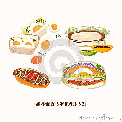 Japan Sandwiches vector set. Katsu sando, tomago sando, wanpaku sandwich, jakisoba pan. Asian food illustration isolated on white Vector Illustration