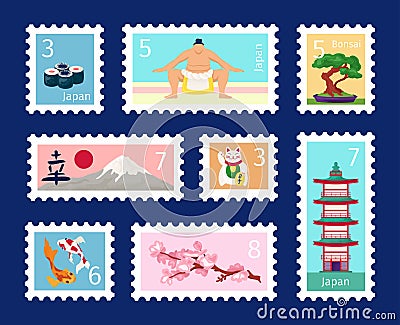 Japan stamp set, travel symbol vector illustration. Postage hieroglyph sign, tourism landmark, flower, retro culture Vector Illustration