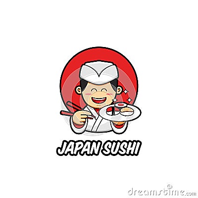 Japan sushi logo with japanese chef mascot character wear traditional white chef clothes bring sush on plate and chopstick Vector Illustration