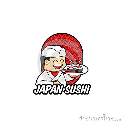 Japan sushi logo mascot with traditional japanese chef character bring sushi on a plate, unique and cute cartoon logo Vector Illustration