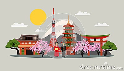 Japan Symbols Composition Flat Poster Vector Illustration