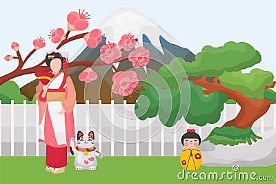 Japan symbols landmarks vector illustration. Traditional japanese asian characters geisha, maneki neko cat, doll. Bonsai Vector Illustration