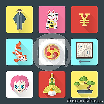 Japan theme flat style icons set Vector Illustration