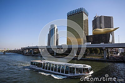 Japan - Tokyo - the Asahi beer palace and Sumida river Editorial Stock Photo