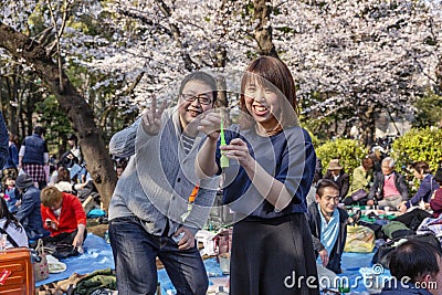 Japan, Tokyo 04/04/2017. People celebrate hanami in the park Editorial Stock Photo