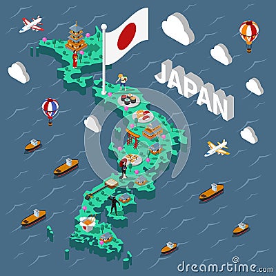 Japan Touristic Isometric Map Vector Illustration