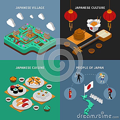 Japan Touristic Isometric 2x2 Icons Set Vector Illustration