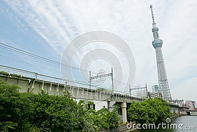 Japan tower, building river, train track with sky Editorial Stock Photo