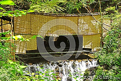 Japan traditional building, zen garden, waterfall, green plants Stock Photo