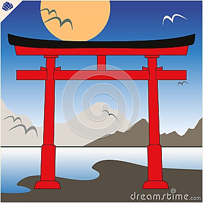 Japan traditional gate torii , sky and mountaine. Vector. EPS Stock Photo