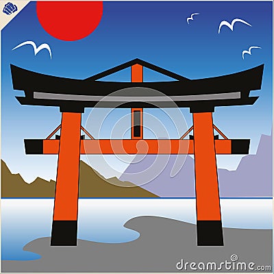 Japan traditional gate torii , sky and mountaine. Vector. EPS Stock Photo