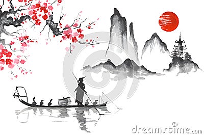 Japan Traditional japanese painting Sumi-e art Man with boat Stock Photo