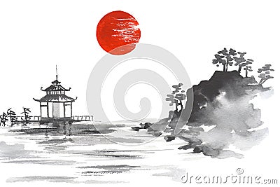 Japan Traditional japanese painting Sumi-e art Sun Lake Hill Mountain Temple Stock Photo