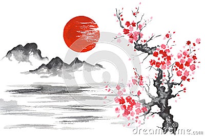 Japan Traditional japanese painting Sumi-e art Sun Mountain Sakura Lake Stock Photo