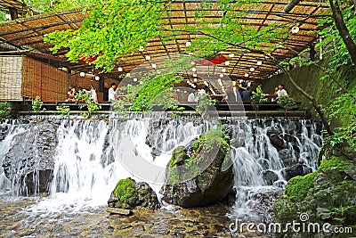 Japan traditional outdoor restaurant, zen garden, waterfall, green plants Editorial Stock Photo