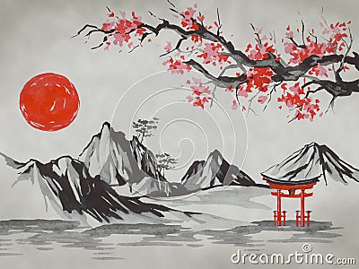 Japan traditional sumi-e painting. Fuji mountain, sakura, sunset. Japan sun. Indian ink illustration. Japanese picture. Cartoon Illustration