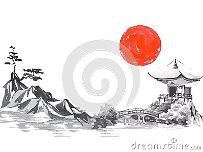 Japan traditional sumi-e painting. Fuji mountain, sakura, sunset. Japan sun. Indian ink illustration. Japanese picture. Cartoon Illustration