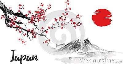 Japan traditional sumi-e painting. Sakura, cherry blossom. Fuji mountain. Indian ink illustration. Japanese picture. Vector Illustration