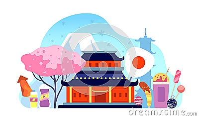 Japan travel background. Japanese summer landscape, travelling landmarks and festival elements. Asian tourism, flat Vector Illustration