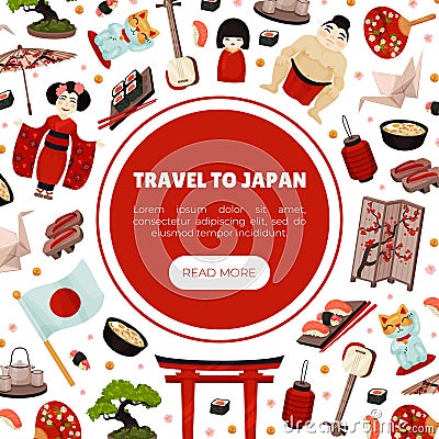 Japan Travel Banner Design with Traditional Symbols Vector Template Vector Illustration