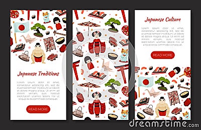 Japan Travel Banner Design with Traditional Symbols Vector Template Vector Illustration