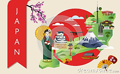 Japan travel concept with famous attractions. Vector Illustration